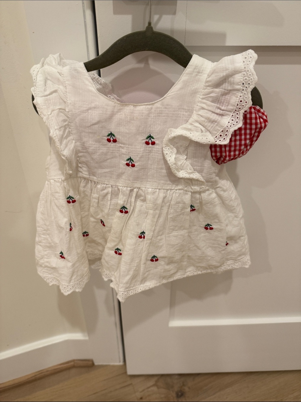 Little Me White Cherry-Embroidered Ruffle Top with Red Gingham Accent